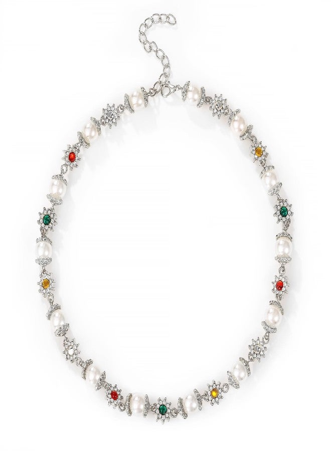 Bowdcvy Gold Pearl Choker Necklace for Women Colorful Daisy Rhinestone Flower Chunky Statement Necklaces Fashion Jewelry Gift Accessories (silver) - Image 1